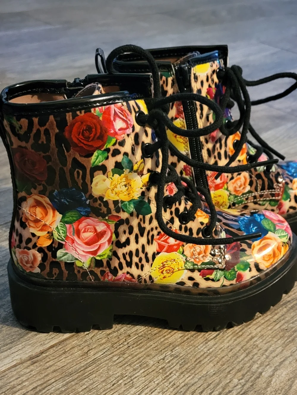 Betsey Johnson BK-JOHN Leopard Floral Combat Boots Lace Up Chunky Lug Sole NEW
